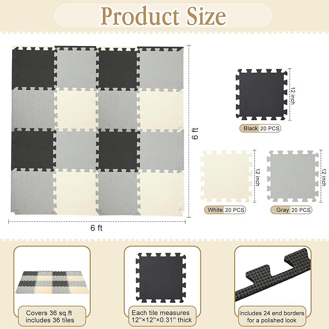 Nuanchu 60 Pcs Kids Foam Puzzle Floor Mat Bulk Solid Color Foam Play Mat with Borders Interlocking Multi Use Floor Rug for Baby Toddler Children Crawling Exercise Playroom 12 inch (Black, White, Gray)