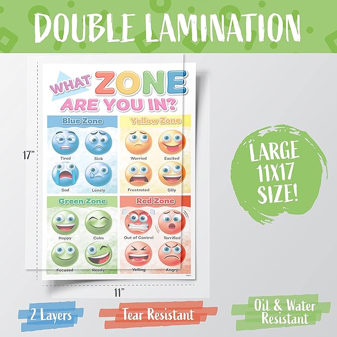 DeeDee's Workshop 4 Feelings Chart For Kids, Zones of Regulation Poster, Emotions Poster, Emotion Chart for Kids, Emotional Regulation, Set of 4 (11 x 17 inches)