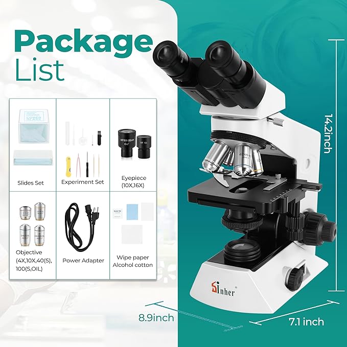 Sinher XSZ-2108A Professional lab Compound Binocular microscopes 40X-2000X Magnification for Kids Students Adults School Lab Home Education with Microscope Slides Set.