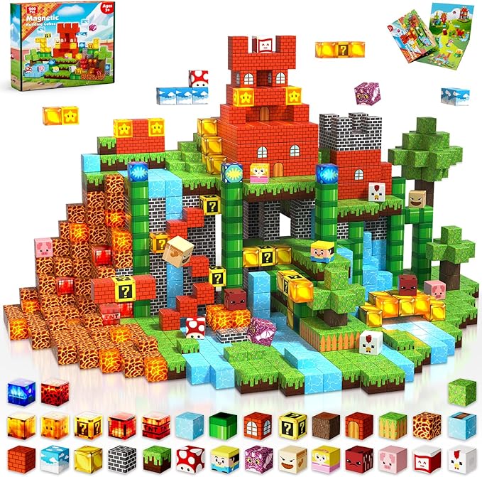 200PCS Magnetic Blocks with Light Blocks - Magnetic Blocks for Kids Ages 4 5 6 7 8 9 10, Magnetic Building Cubes, Magnetic Building Block, Birthday Gifts for 3-10 Years Old Boy Girls, STEM Toy