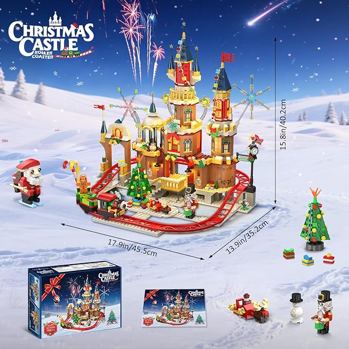 Christmas Castle Roller Coaster Building Set with Lights - 2025 Castle Village Rollercoaster Building Blocks House Xmas Tree Train Santa Claus Playset Gift for Adults Kids Boys Girls -1232PCS