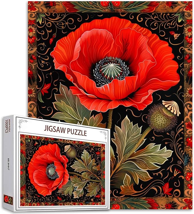 Red Poppy Flower Jigsaw Puzzle 1000 Pieces Puzzles for Adults,Celtic Background Jigsaw Puzzles for Challenging Family Activity Games DIY Craft Colorful Puzzle for Home Decor Gifts 27" x 20"