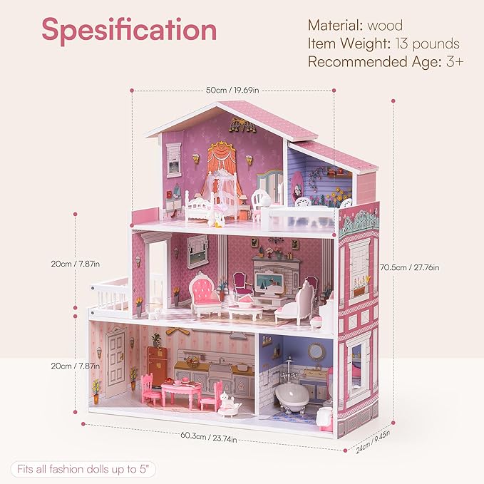 ROBUD Wooden Dollhouse Playset, 3 Stories, 5 Rooms, 24 PCS Furniture, Pretend Play Toys Gift for Kids Toddlers Girls