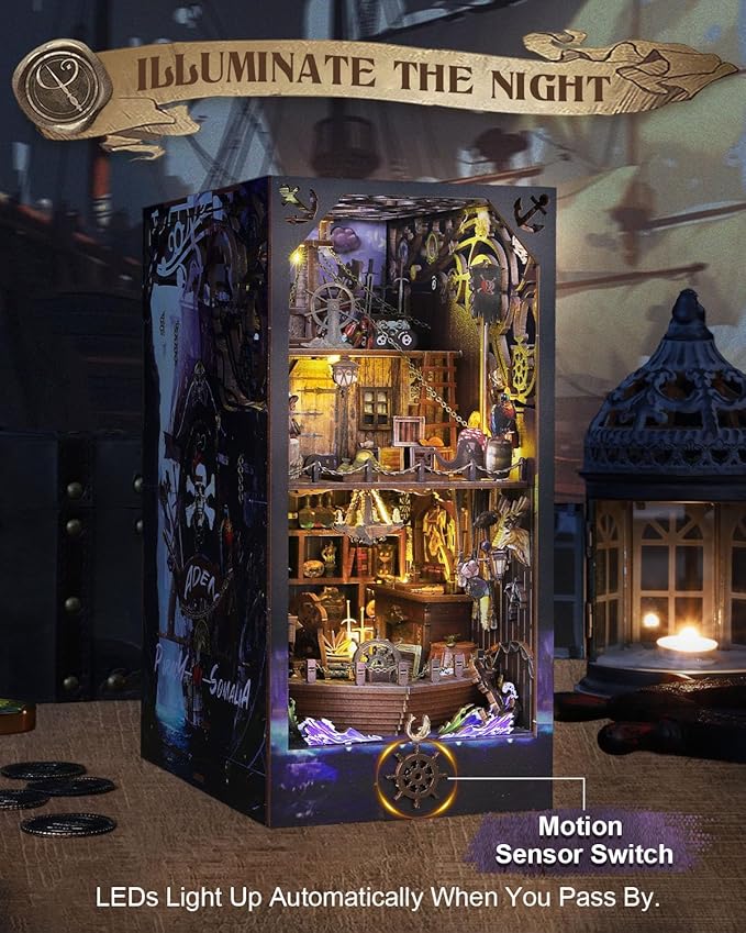 Book Nook Kit Pirate Ship Aden, DIY Miniature Book Nook Kits for Adults, 3D Wooden Puzzle Bookshelf Insert Decor with Sensor LED Lights, for Men Teens Family