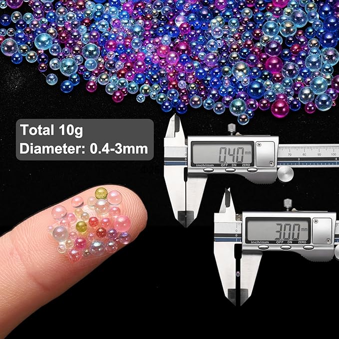 Iridescent Glass Tiny Bubble Beads, 0.4-3mm 10g No Hole Micro Mini Round Bluish Purple Water Droplets Beads - Applications: for Resin Filler, Nail Art, Dollhouse Bath Tub