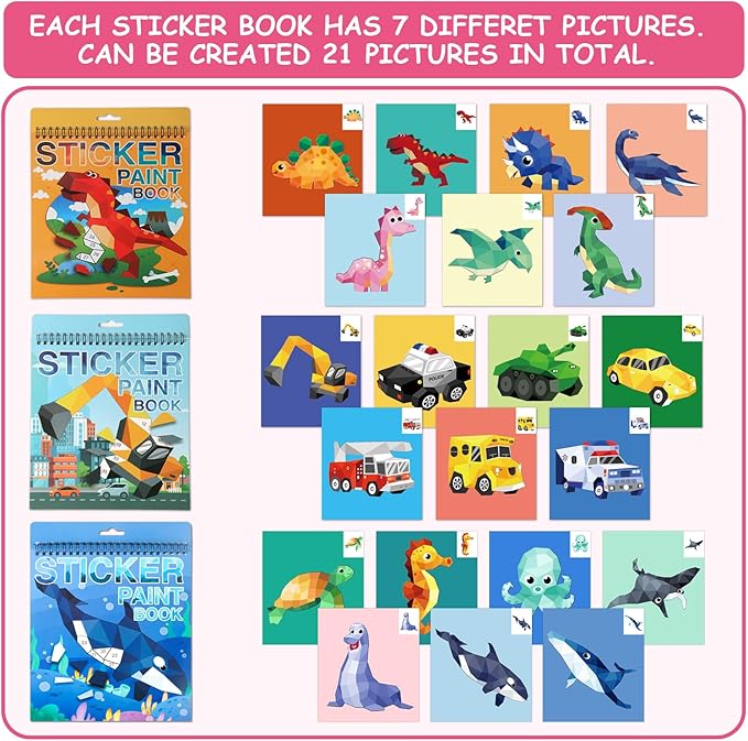 Reusable Sticker Book for Kids, Car Stickers Crafts for Kids Ages 4-8 Paint by Sticker Boys and Girls Birthday Gifts Party Favor, Travel Activity Book Set for Learning (Dinosaur+Ocean+Vehicle)