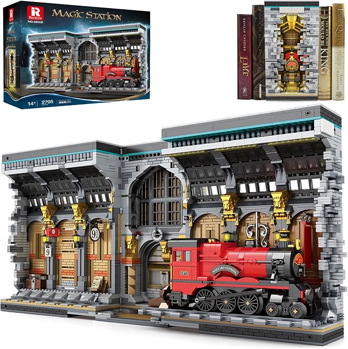 Reobrix Magic Train Booknook Building Set with Lights, Creative Bookends Building Kit 66031, Bookshelf Home Decor, 2795 PCS Book Nook Model Toy Kit, Gift for Teens 14+ and Adults