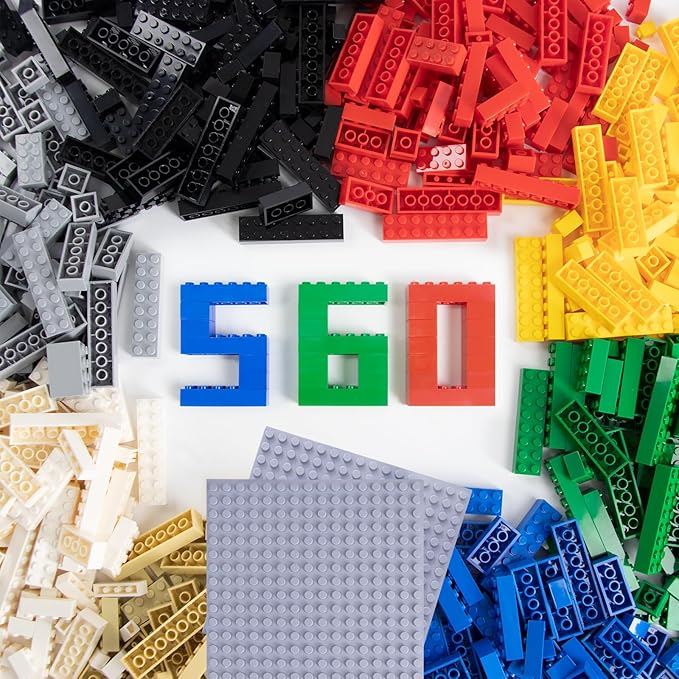 560 Pieces Classic Building Blocks Bulk with 2 Baseplates, Building Bricks in 7 Size and 8 Color, Compatible with All Major Bricks, for Kids & MOC Lovers
