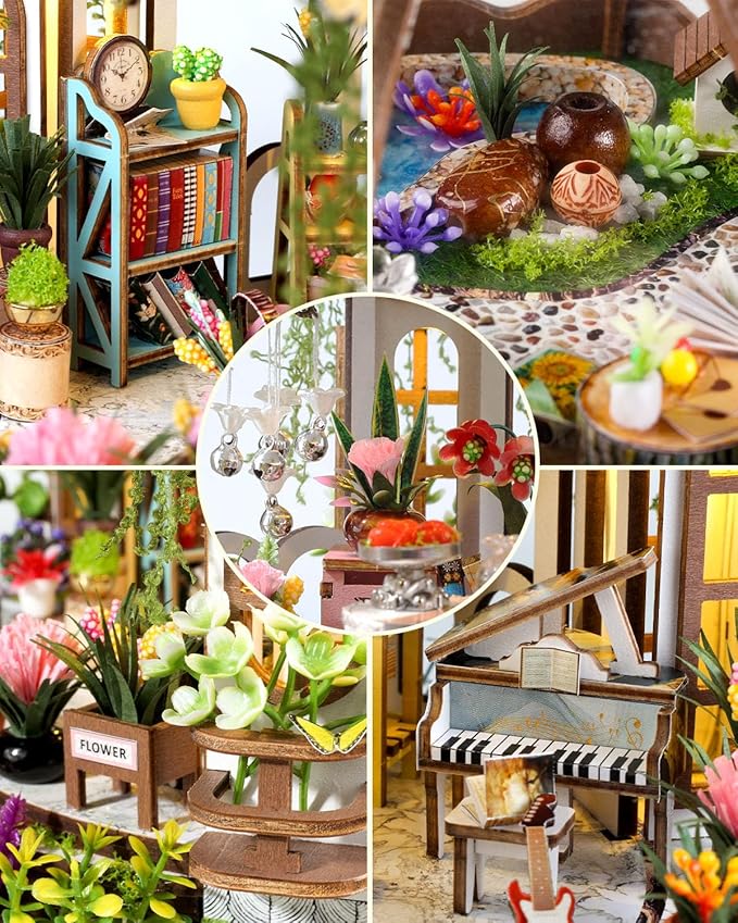Miniature House Kit Hanging Garden, DIY Miniature Dollhouse Kit for Adults with Furniture & LED Lights, Wooden Craft Gifts for Adults Women Teens