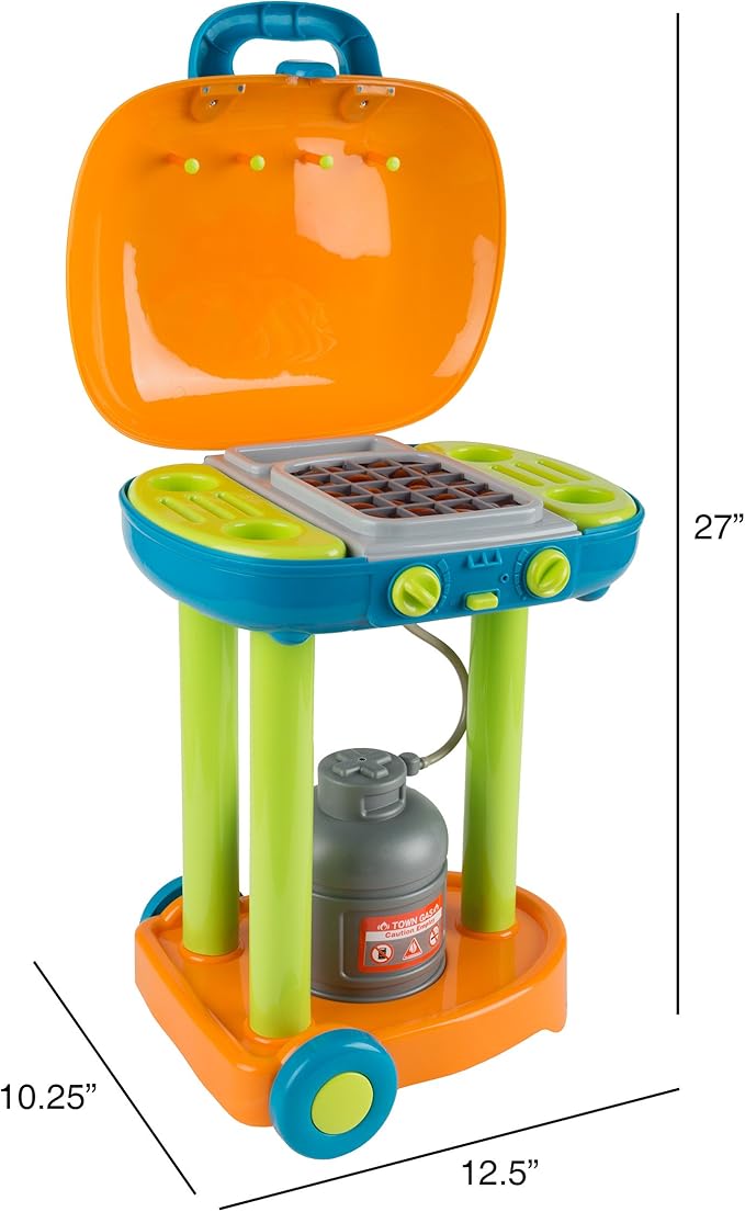 BBQ Grill Toy Set - Interactive Play Kitchen Set with Lights and Sounds, Wheels, Toy Food, and Cooking Accessories by Hey! Play!, Multicolor, (80-PP-TK081711)
