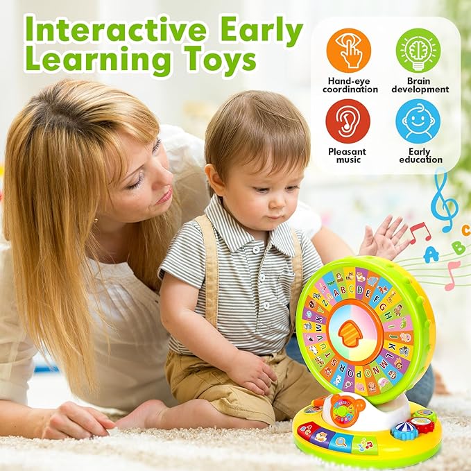 Toy for 1 2 3 Year Old Boys Girls, Spin and Sing Alphabet Baby Musical Learning Toys for Toddler 12-18 Months, Interactive Games with Light and Animals Sounds, Christmas Birthday Gifts for Ages 1-3