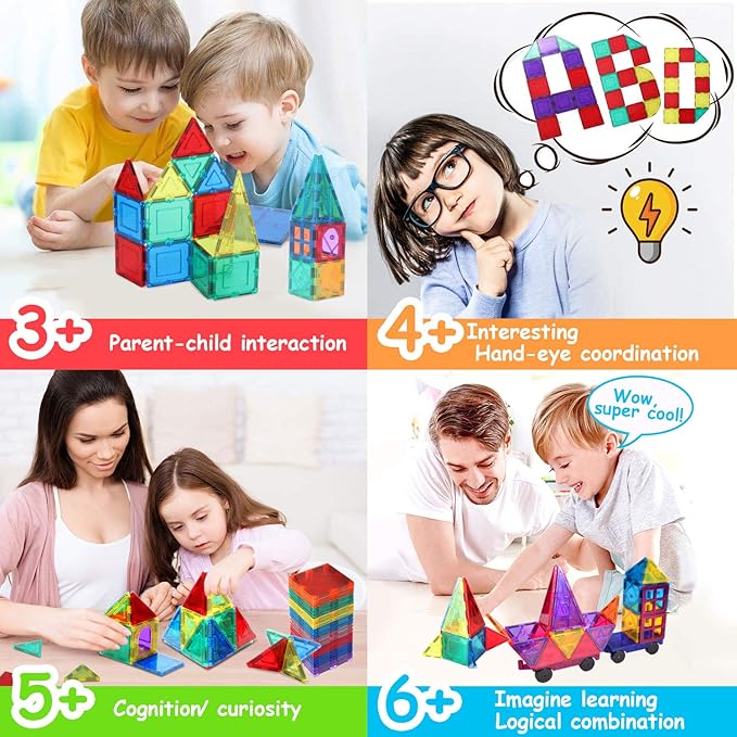 100PCS Magnetic Tiles Blocks for Kids Ages 3-5 4-8 with 2 Cars,STEM Learning Educational Preschool Magnet Building Toys for Toddlers,Christmas Birthday Gifts Toys for 3 4 5 6 7 8+ Year Old Boys Girls