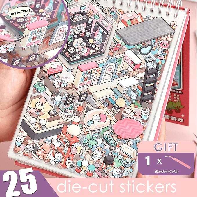 3D Sticker Scene Book,Sticker Therapy for Adults,Include 20 Beautiful House Isometric 3D Space DIY Scene Stickers Book,Cute Art Stickers for Girls