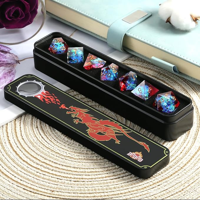 Shiny D&D Dice,DNDND Handmade Double Layers Sharp Edge Die with Gift Case for D&D Dungeons and Dragon Games (Red and Blue)