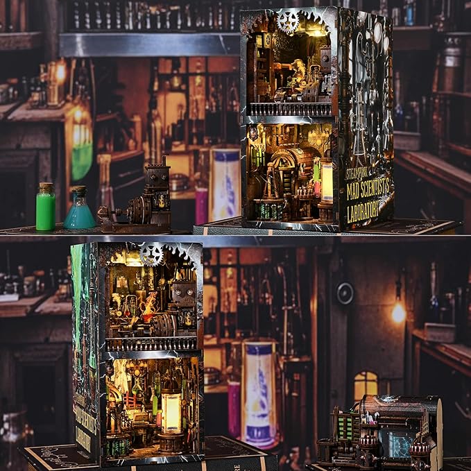 Book Nook Kit, DIY Miniature Dollhouse Booknook Kit, 3D Wooden Puzzle Bookend Bookshelf Insert Decor with LED Light for Teens and Adults (Steampunk Mad Scientist Laboratory)