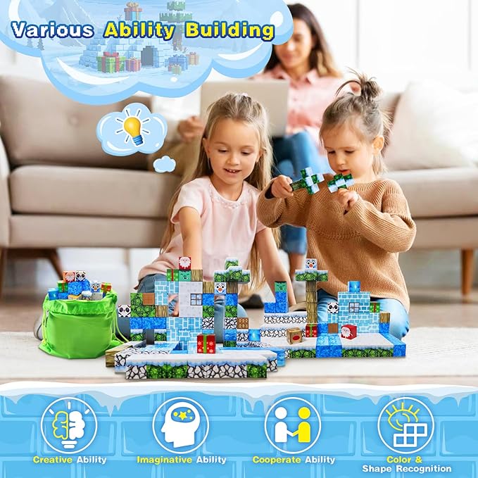 Aleath 100PCS Magnetic Building Blocks-for Kids, Chirstmas Build Magnet World Set for 3-10 Years Old Boys & Girls Magnetic Building Toys for Toddler (Ice)