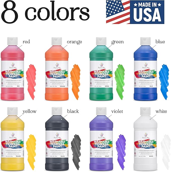 Positive Art Washable Paint for Kids – (8 Colors, 16 oz Each) Made in USA, Non-Toxic Tempera Paint Set – Bulk Classroom Paints for Students, Finger Painting, School Use – 8 Pack