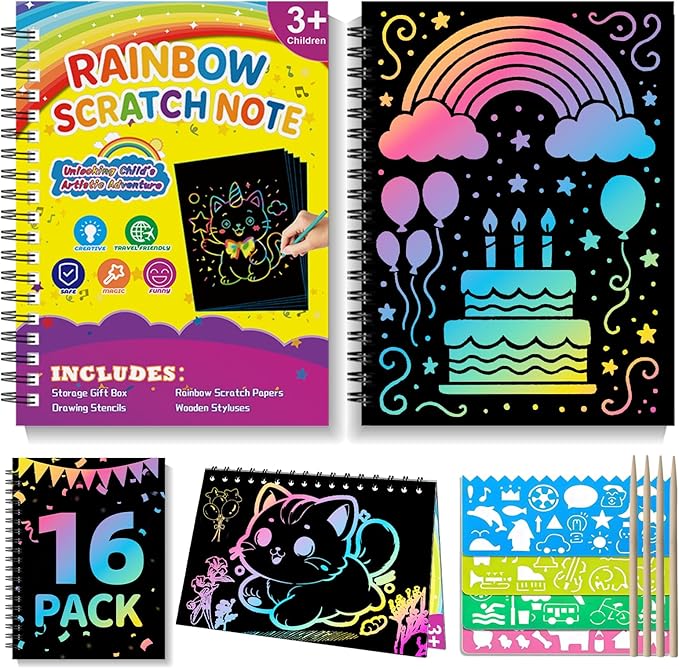Scratch Art for Kids: 16 Pack Rainbow Scratch Paper Party Favors - Art Crafts Notebook Suitable for Birthday Gifts/School Crafts Kit/Classroom Prizes for Girls and Boys Aged 4-12