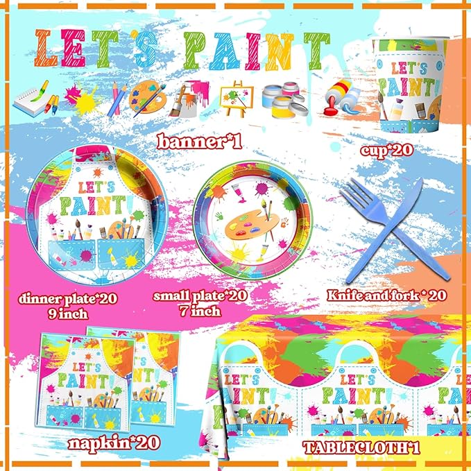 Paint Party Supplies, 142 Pcs Art Paint Party Tableware Set Include Paint Party Plates and Napkins,Art Tablecloths,Paint Banner,Cups,Art Birthday Party Decorations for Kid, Teens and Adults,Serves 20