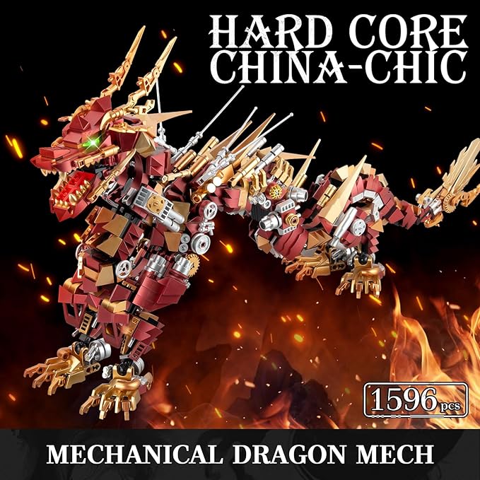 HIGH GODO Dragon Building Blocks Sets for Adults, Red Mechanical Dragon Animal Building Model Collectible Display Toys, Cool Toys Gifts for Fans Teens 14+ (1596 Pieces)