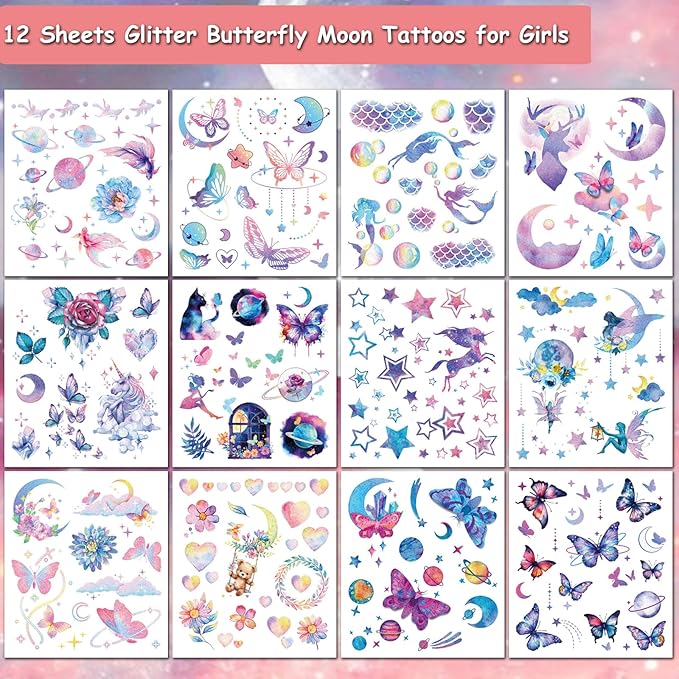 Glitter Tattoos for Girls Women, 12 Sheets Glitter Butterfly Moon Flowers Mermaid Temporary Tattoos for Girls Birthday Party Supplies Gifts Decoration