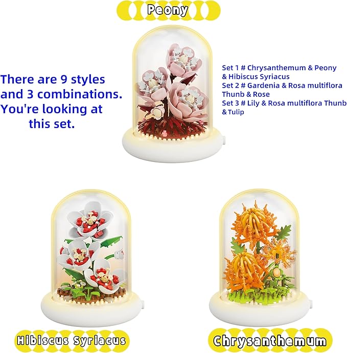 Creative Botanical Micro Blocks with Light Set - 550PCS Artificial Chrysanthemum, Peony and Hibiscus, Perfect DIY Gift for Adults, Teens and Flower Lovers