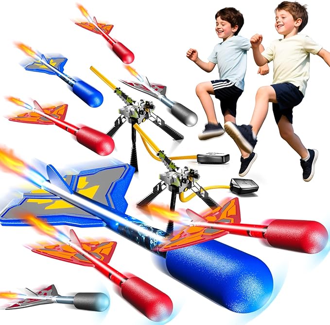 Rocket Launcher for Kids with 8 LED Airplane Rockets and 2 Tank Launcher, Outdoor Toys for Toddlers, Rockets for Kids Age 4-8, 2 3 4 5 Year Old Boy Birthday Gift, Launching up to 120+ Feet