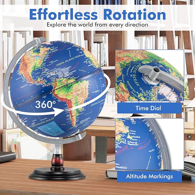 Goplus 12 Inch Illuminated World Globe, Antique Light up Rotating Globe Night Lamp with Wooden Stand, Geography Educational Desktop Decoration for Kids Adults Home Office School (Antique-Navy)