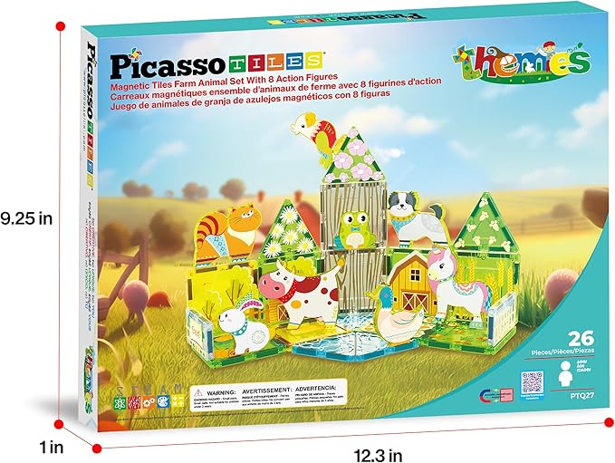 PicassoTiles 26pcs Magnetic Tiles Magnet Tile Building Blocks Printed Fall Farm Themed Animal Toy Set with 8 Farmyard Animals Character Action Figures STEM Learning Playset for Kids, Ages 3+ PTQ27