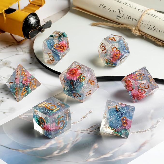 Flower Resin DND Dice, DNDND Handmade Sharp Edge D&D Die with Gift Case for D&D Dungeons and Dragon Tabletop Games (Matt Pink)