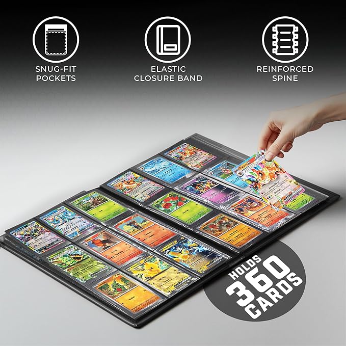 Trading Card Binder Pro-Folio – 9 Pocket Binder - Side-Loading Album, Durable & Acid-Free Storage for Pokémon, YuGiOh, MTG, TCG, Game & Sports Cards, Black