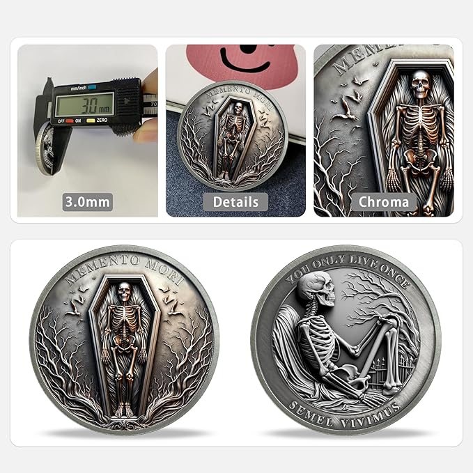 AtSKnSK Memento Mori Coin Momento Mori Coin Skull Coin Stoic Gifts Memento Mori Calendar Living Memento Mori Amor Fati Coin (Memento Mori Coin - 2)