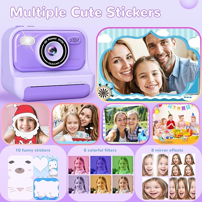 Kids Instant Print Camera with 2.4 Inch Screen, Christmas Birthday Gifts for Girls Age 3-12, 1080P Digital Camera, Portable Toddler Travel Toy for 3 4 5 6 7 8 9 10 Year Old Girls, Purple