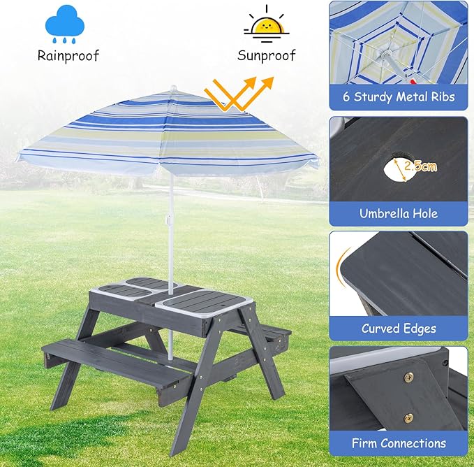 HONEY JOY Kids Picnic Table, 4 in 1 Cedar Wooden Sand & Water Table w/ 3 Removable Box & Umbrella, Kids Picnic Tables for Outdoors Backyard Garden, Toddler Patio Furniture Set for Boys Girls(Gray)