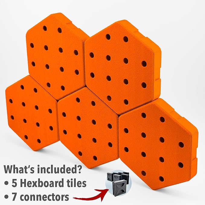 Hexagon Pegboard Tiles, 4.5"x4" each, 5-Pack, Normal-Sized Holes, Make Custom Designs, Easiest to Mount, Expand Existing Pegboard or Fill In Unused Space, Hexboard (Tango Orange, 4 Inch)