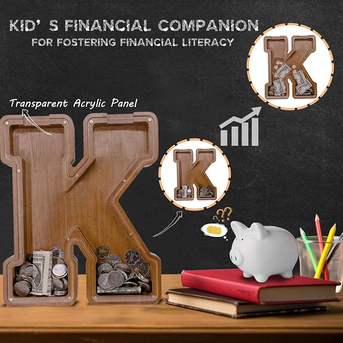 Wooden Letter Piggy Bank for Kids Larger Letter Piggy Bank for Boys and Girls Personalized Piggy Bank Initial Coin Bank Wood Kids Money Bank for Birthday and Festival