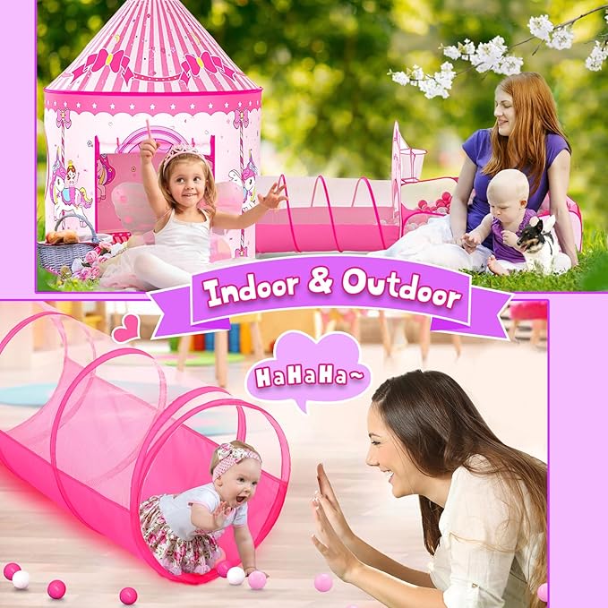 3 in 1 Girls Princess Play Tent for Kids: Pop Up Toddlers Playhouse with Baby Crawl Tunnel, Ball Pit and Castle Tent - Pink Children Play Tent Toys Indoor and Outdoor Game for Birthday Gift