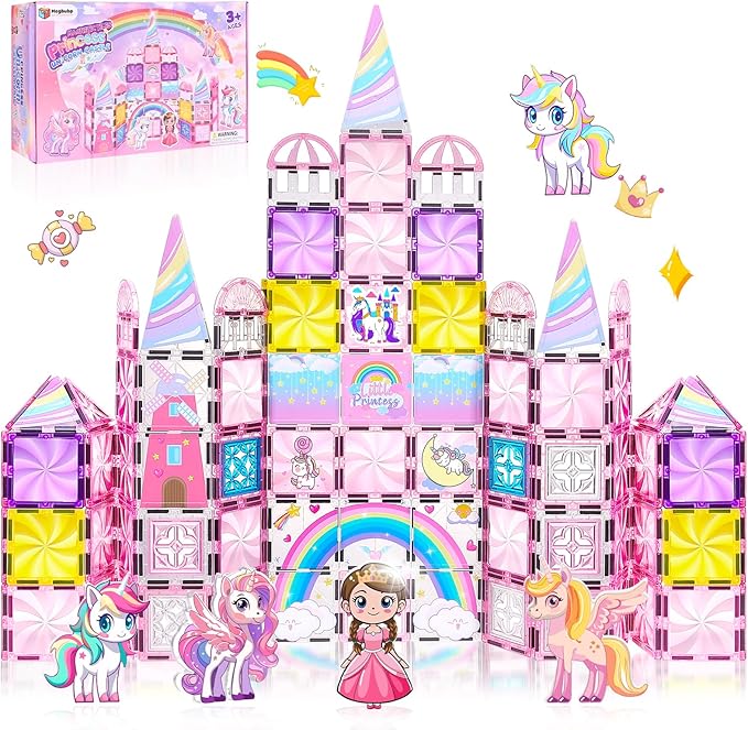 Diamond Magnetic Tiles Unicorns Princess Castle with Magnetic Art Decor Kit, Unicorn Toys for Girl 3 4-6-8, Magnet Tiles for kids 4-8 5 6 7+ Girl Gifts,Magnet Toys Include 5 Dolls,Rainbow,Candy,Decors