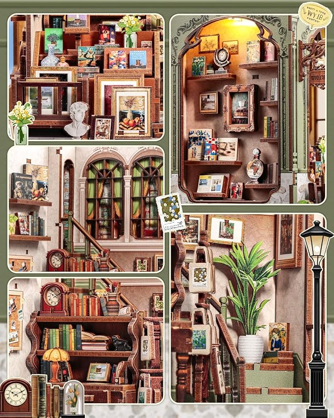 CUTEBEE DIY Book Nook Kit, Miniature House Kits for Adult and Teens, DIY Miniature Book Nook kit with Sensor Led Light, Gifts for Lovers and Family (Gallery Bookstore)