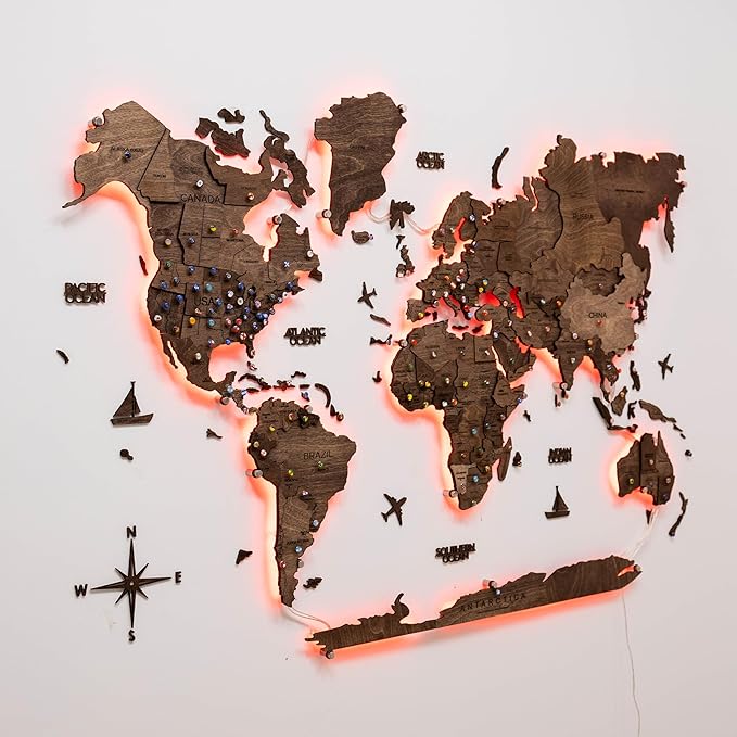 Enjoy The Wood 3D Wood World Map LED 3.0 Wall Art Modern Home Decor Gifts LED Lighting Wall Decor Housewarming Gift (Dark Walnut)