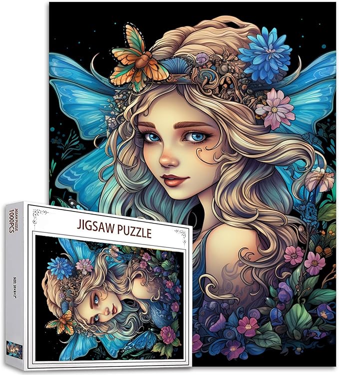 Tucocoo 1000 Piece Jigsaw Puzzles for Adults Blue Butterfly Fairy Painting Jigsaw Puzzle Flowers Beautiful Girl 1000 Pieces Puzzles for Challenging Family Activity Game DIY Puzzle Wall Decor Gifts