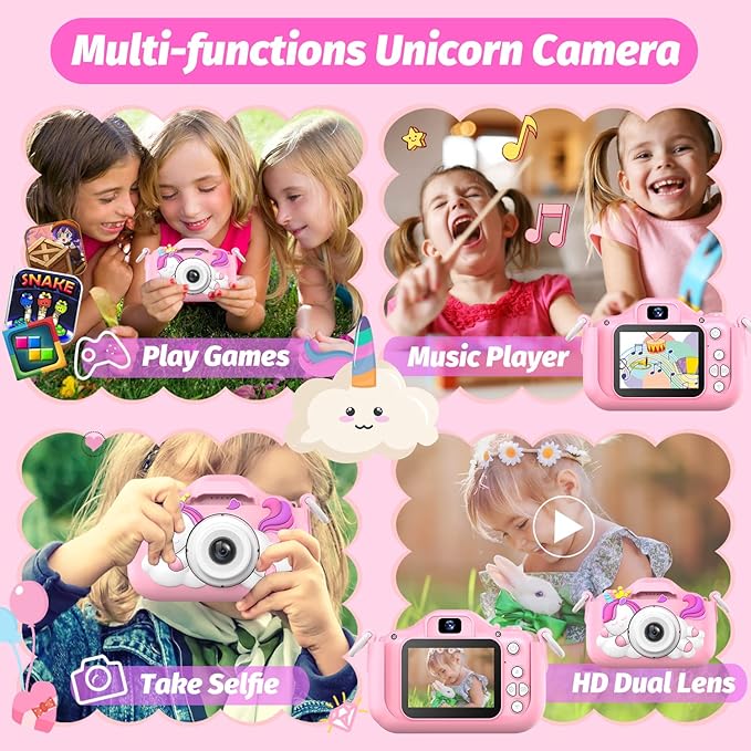 Upgrade Unicorn Kids Camera, Christmas Birthday Gifts for Girls Boys Age 3-12, 1080P HD Selfie Digital Video Camera for Toddlers, Cute Portable Little Girls Boys Gifts Toys for 3 4 5 6 7 8 9 Years Old