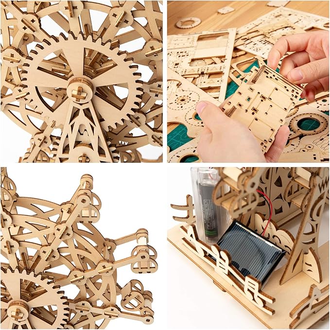 Solar 3D Wooden Puzzle Ferris Wheel DIY Model Kit Craft Sets Wood Mechanical Building Toys for Adult Men Age 14+ Years Old.