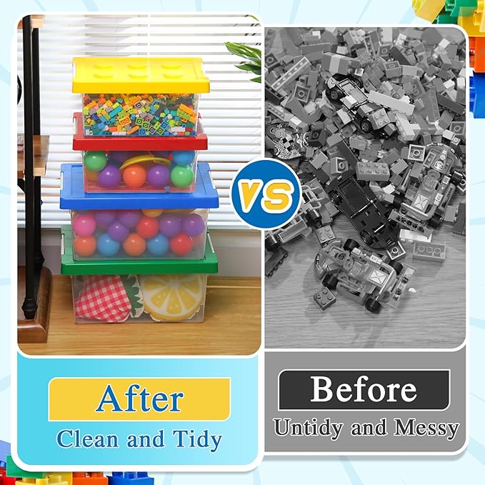 Vicenpal 4 Pack Toy Storage Containers with Lids Brick Shaped Kids Toy Organizer Box Plastic Clear Stackable Bin Chest for Building Block Dolls(Large, X-Large,Red, Yellow, Blue, Green)