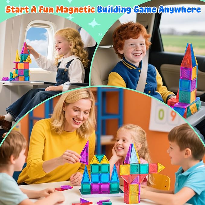 Mini Magnetic Tiles with Iron Case, 60 Pcs Travel Magnetic Toys Set, Magnet Building Block Set, Magnatiles for Toddlers 1-3, Travel Toys for Kids Ages 3+, Gifts for Boys & Girls Birthday Christmas