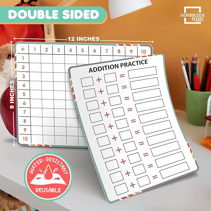 SCRIBBLEDO Addition Math Practice 9”x12” Small White Board Dry Erase Sheets Math Manipulatives 1st Grade Addition Math Homeschool Supplies Teacher Students Classroom Pack of 10 Sheets