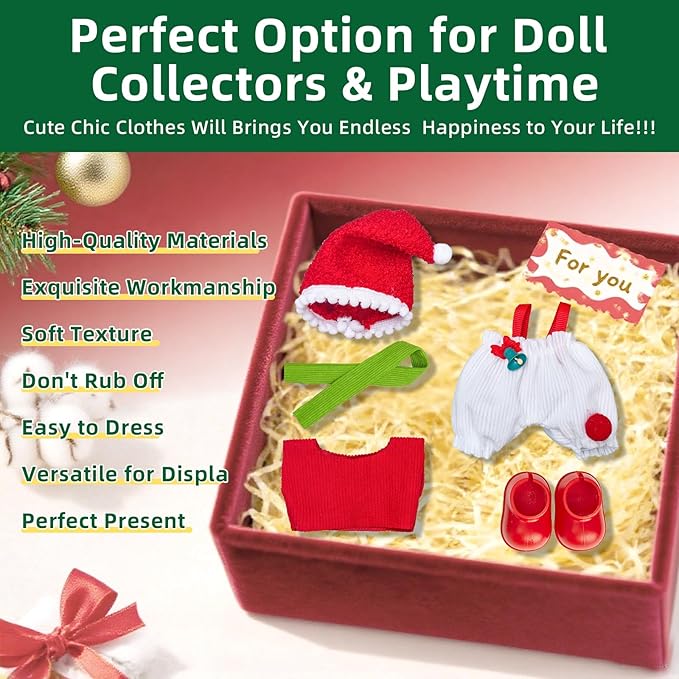 17cm Doll Clothes Set-Adorable Outfits for Dolls-Stylish Accessaries Christmas Clothing Dress-Up-Replaceable Collections, Includes—Christmas Hat+Top+Scarf +Jumpsuit+Shoes (Style H)