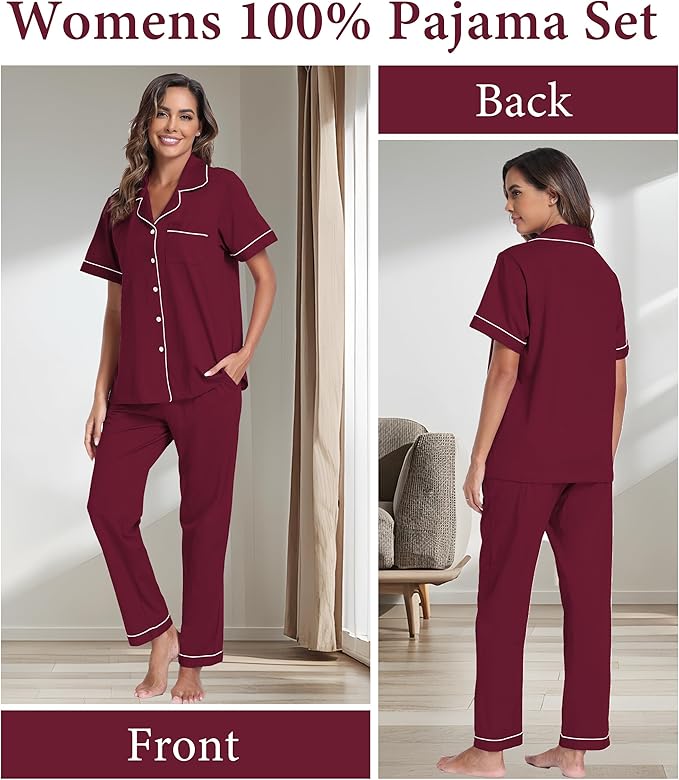CF Womens 100% Cotton Pajamas Set Button Down Pjs Sets Short Sleeve Top & Long Pants Sleepwear Comfy Loungewear with Pockets