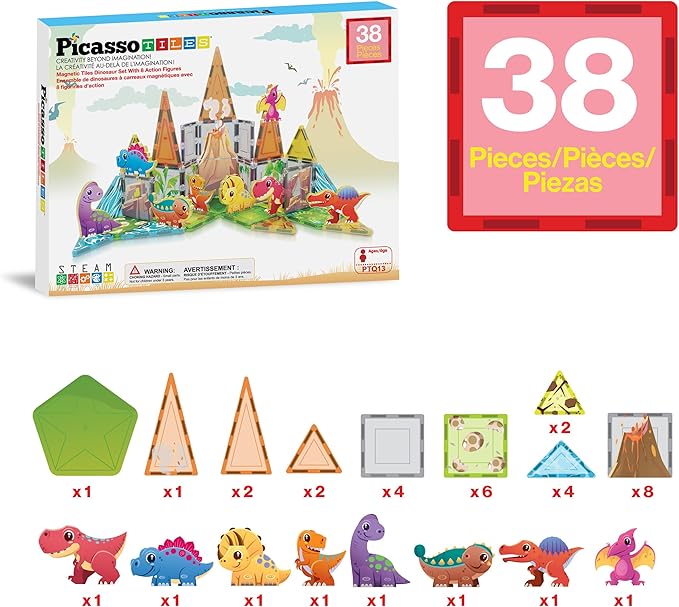 PicassoTiles 38pcs Magnet Tiles Building Blocks Dinosaur Theme Set with 8 Magnetized Action Figures Magnetic Construction Build and Play Toy with Magnets STEM Learning Activities for Toddlers 3+ PTQ13