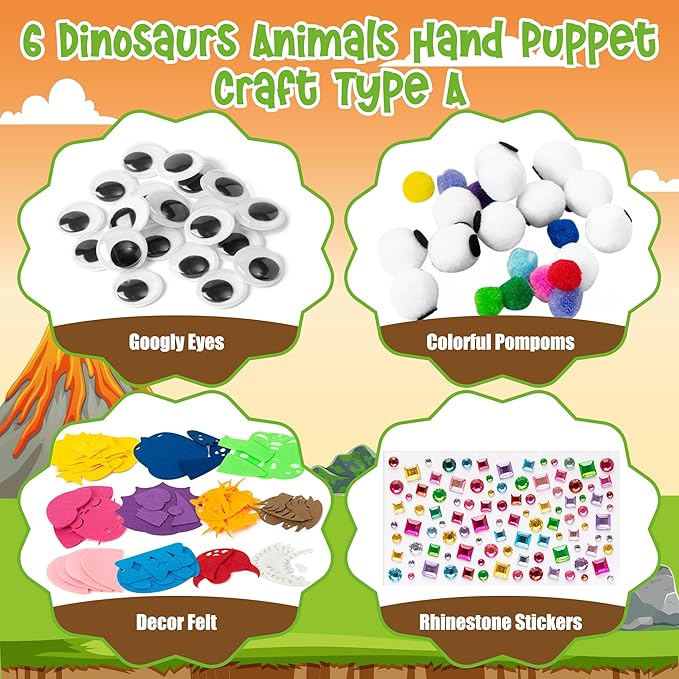 WATINC 6Pcs Hand Puppet Making Kit, Art Craft Felt Sock Puppet Toys, Creative DIY Make Your Own Pompoms Wiggle Googly Eyes Storytelling Role Play Party Supplies Gift for Girls Boys (Dinosaurs A)